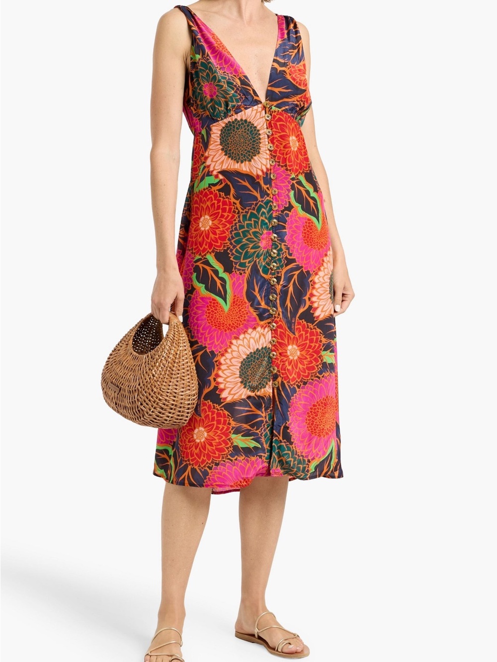 FARM RIO Floral Print V-Neck Midi Dress in Bright Multi